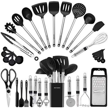 Imagem de Conjunto de utensílios de cozinha - utensílios de cozinha de silicone - 33 utensílios de cozinha e colheres para panelas antiaderentes - conjunto de espátulas de silicone e aço inoxidável - melhores