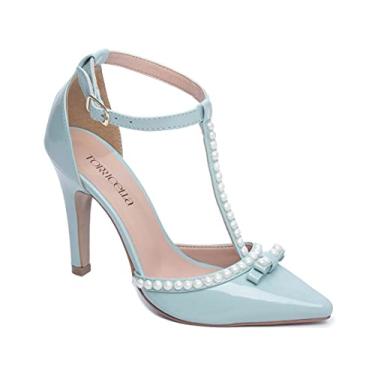 Imagem de Sapato Scarpin Feminino Azul Verniz Salto Alto Com Pérolas Confortável- 66058D Cor:Azul;Tamanho:37;Gênero:Feminino