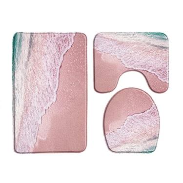 Imagem de Tapete de banho rosa praia oceano conjunto de 3 peças tapete antiderrapante para banheiro tapete tapetes de chão capa de banheiro almofada em forma de u produto de banheiro, 33957J, 3 pcs tapetes, 450mmx750mm