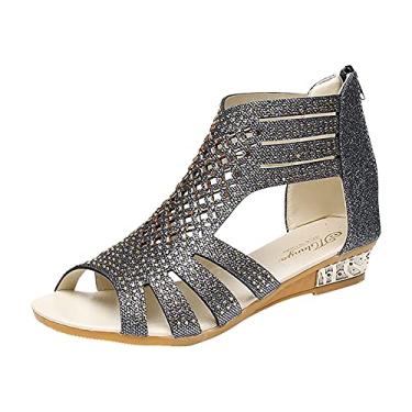Imagem de Sandálias de largura larga para mulheres com zíper moda feminina ao ar livre sandálias de cristal para fora sapatos femininos vintage oco, Preto, 7.5