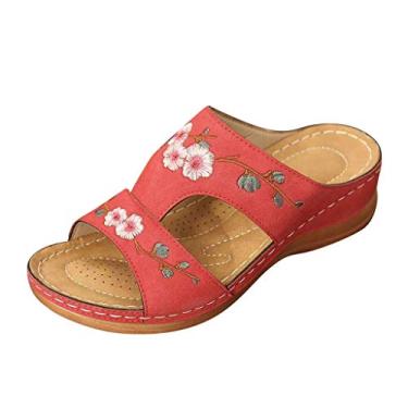Imagem de Sandálias femininas flor sapatos de moda feminina verão salto cunha bordado sandálias femininas sandálias de corda para mulheres tamanho 11 (vermelho, 8)