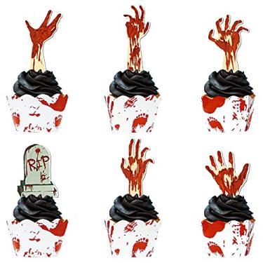 Imagem de 72 peças de topos de cupcake de Halloween, 36 peças de topos de cupcake de zumbi sangrento e 36 peças de envoltório de cupcake com estampa de mão sangrenta para festa temática de Halloween e festa temática de zumbi
