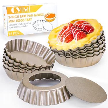 Imagem de Cyimi 12 peças de latas de ovo para torta de 7,6 cm mini moldes de torta de 7,6 cm de fundo removível molde de muffin para bolo de cupcake mini panela antiaderente reutilizável quiche bakeware aço carbono para tortas sobremesas ouro 7,6 cm