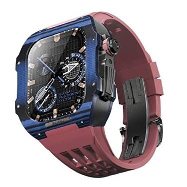 Imagem de AEMALL Pulseira de relógio de borracha com capa de fibra de carbono compatível com Apple Watch Series 8 7 44 45mm, capa de fibra de carbono bumper protetor resistente, kit de atualização