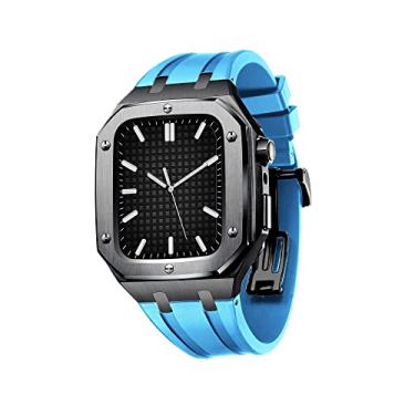 Imagem de KAPPDE Capa de metal militar para Apple Watch Series 7 SE 6 5 4 Capa protetora de metal com pulseira de silicone amortecedor à prova de choque 45mm 44mm (Cor: Preto Azul celeste, Tamanho: