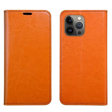 Imagem de YINGDAFENG Capa carteira para iPhone 14/14 Pro/14 Plus/14 Pro Max, capa flip de couro genuíno de vaca com suporte de cartão de crédito função de suporte capa fina de ajuste fino, laranja, 14 6,1 polegadas
