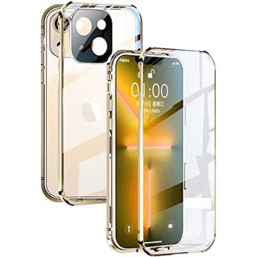 Imagem de IOTUP Capa de telefone transparente de vidro temperado de dupla face, para Apple iPhone 14 Plus (2022) capa de vidro de atração magnética de 6,7 polegadas (cor: ouro)