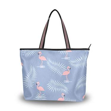 Imagem de Bolsa tote de flamingo rosa com folhas de palmeira, bolsa de ombro para mulheres e meninas, Multicolorido., Medium
