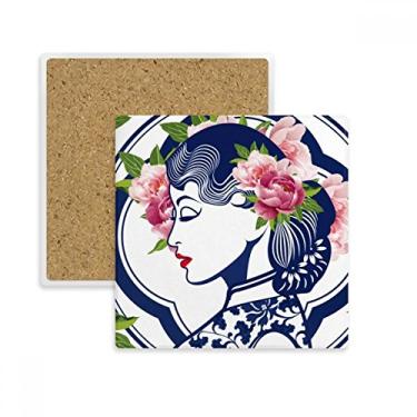 Imagem de Porta-copos quadrado de beleza rosa da cultura chinesa tapete para caneca subplaca suporte de pedra isolante
