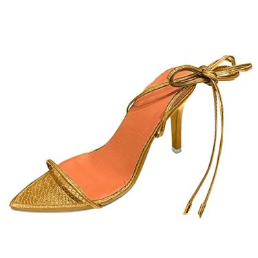 Imagem de Sandálias femininas de salto fino com estampa de bico fino sandálias respiráveis primavera e verão sexy elegante alto (dourado, 9)