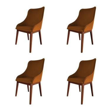 Imagem de Kit 4 Cadeiras De Jantar Estofada Veludo Terracota Base Madeira Maciça Imbuia Laranja