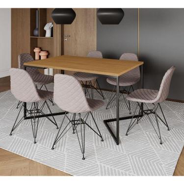Imagem de Mesa Jantar Industrial Canela 137x90cm Base V com 6 Cadeiras Estofadas Eiffel Nude Médio Aço Preto