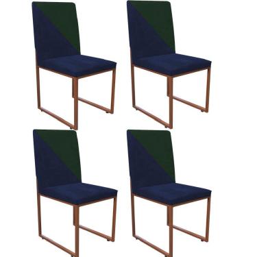 Imagem de Kit 04 Cadeira Stan Duo Sala De Jantar Ferro Bronze Suede Azul Marinho E Verde Musgo - Amey Decor