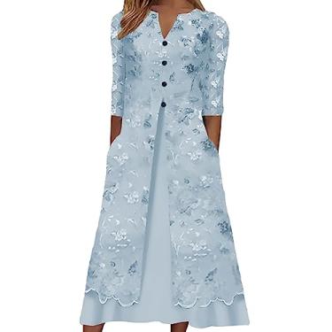 Imagem de Vestido túnica feminino com estampa floral, bolso e gola V, manga midi, vestido túnica, Azul, XXG