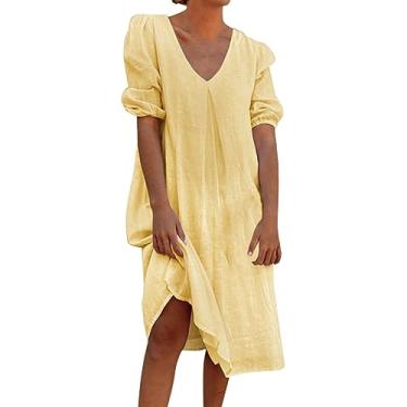 Imagem de Vestidos casuais femininos cor sólida linho gola V solto manga curta vestido vestido longo vestido de comprimento médio, Amarelo, 3G