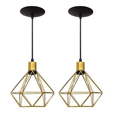 Imagem de Combo Kit com 2 Pendentes Diamante Aramado Pequeno Dourado Metal 21Cm Luminária Lustre Sala