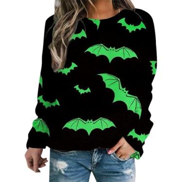 Imagem de Moletom feminino com estampa de Halloween, gola redonda, pulôver, tops, camisas casuais de manga comprida, blusa solta/386 (Color : A02-green, Size : Small)