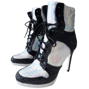 Imagem de Frankie Hsu Botas de cano alto de salto alto para basquete esportivo, tênis de patente branco laser prata com glitter preto, bota de designer de moda de tamanho grande para mulheres e homens, Preto, 6