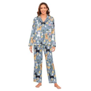 Imagem de KLL Pijama feminino de cetim floral e azul cachorro macio manga longa pijama de cetim para casamento festa do pijama noiva, Floral e cachorro azul, GG