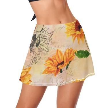 Imagem de KLL Sunga feminina estilo retrô girassol com bolsos roupa de banho atlética parte de baixo cintura alta saia de natação shorts, Girassol, estilo retrô, GG