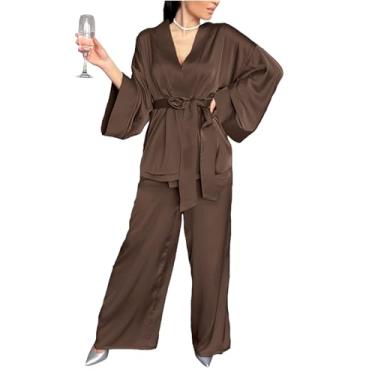 Imagem de Pijamas de cetim Mulheres manga longa gelo seda Pjs para mulheres conjunto de duas peças loungewear roupa de dormir,Brown,S