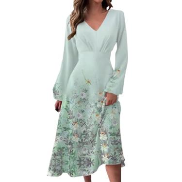 Imagem de Elogoog Vestido feminino rodado rodado cintura elástica manga longa decote V floral vestido de sol primavera verão para mulheres 2024, Verde, P