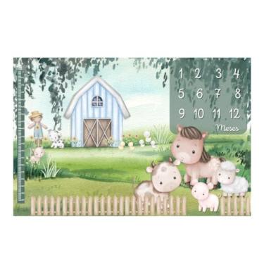 Imagem de Lençol Painel Cenário de Foto Mêsversário Fazendinha Menino Painel Infantil Temático, Registro Mensal Criativo, Fundo Fotográfico com Marcador MDF