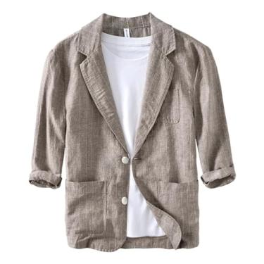 Imagem de UEAUY Blazer masculino casual esportivo casaco de linho listrado terno jaqueta blazer manga 3/4 terno diário, Café, X-Large