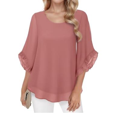 Imagem de Teepie Blusas femininas de chiffon com duas camadas, manga 3/4 com babados e gola redonda, blusas elegantes de verão, rosa, G