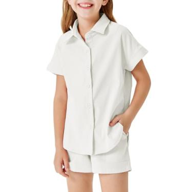 Imagem de Haloumoning Conjuntos curtos de verão para meninas, camisas de botão e shorts com bolsos, roupas de 2 peças de 5 a 14 anos, Branco, 10-12 Years