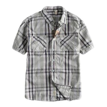 Imagem de Camisa masculina xadrez clássica de manga curta tendência diária de verão camiseta de algodão lavado meia manga, Cinza, PP