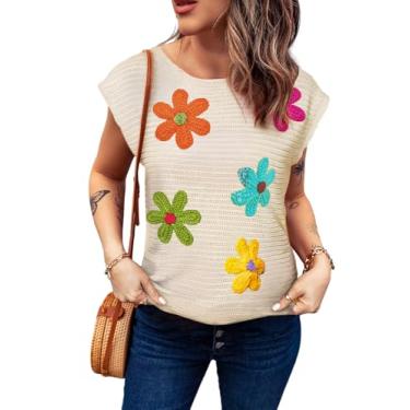 Imagem de Yueary Blusa feminina de tricô com manga cavada, sem mangas, para o verão, 2024, com flores, crochê, camisetas modernas, Bege, XG