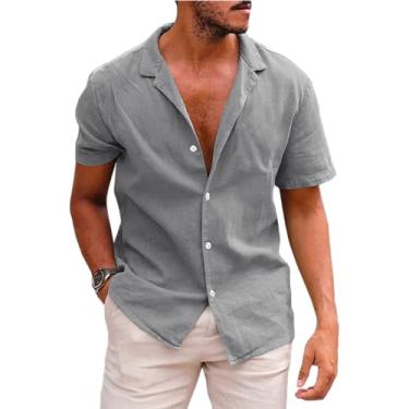Imagem de Camisetas masculinas de linho casual manga curta abotoadas verão praia camisetas modernas, Cinza, M
