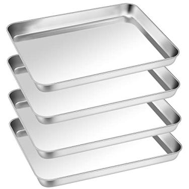 Imagem de P&P CHEF Assadeira de forno, assadeira de aço inoxidável para forno, assadeira com acabamento espelhado para aparência brilhante e lavável na lava-louças, saudável e resistente (31,7 x 24,6 cm, 4