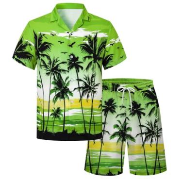 Imagem de Cromoncent Camisa havaiana masculina e masculina, manga curta, gola cubana, tropical, férias, verão, praia, Conjunto Aloha Green, 3G