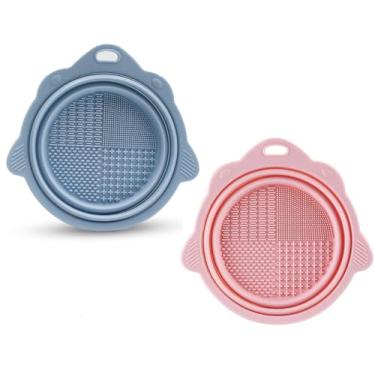 Imagem de Tigela de limpeza de pincel de maquiagem, ferramentas de limpeza de maquiagem de silicone dobráveis ​​para pincéis, esponja e sopro, limpadores de escova de maquiagem portátil para viagens (Azul + Vermelho)