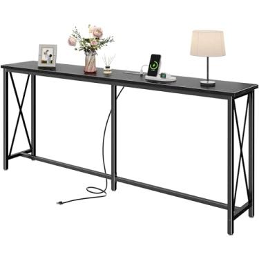 Imagem de SUPERJARE Mesa de console de 178 cm com 2 tomadas, 1 tipo C e 1 porta USB, mesa de entrada extralonga com moldura de metal e barras em forma de X, mesa de sofá estreita para sala de estar, corredor,