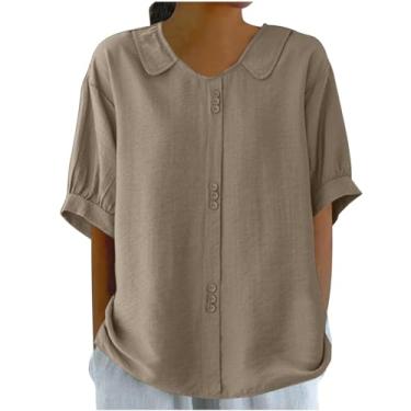 Imagem de Túnica feminina de algodão e linho de manga curta camisetas casuais soltas com gola de cor sólida confortáveis blusas básicas de outono, Caqui, GG