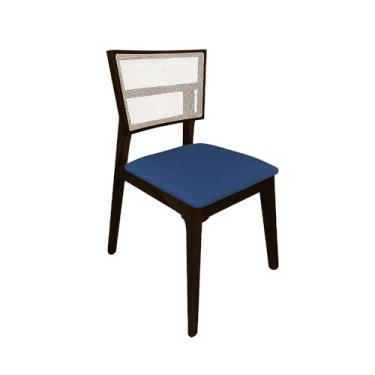 Imagem de Cadeira De Jantar Manuela Em Tela Assento Veludo Azul Base Em Madeira Maciça - Castanho