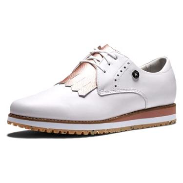 Imagem de FootJoy Sapato de golfe feminino esportivo retrô na temporada anterior, Branco/ouro rosa/branco, 8.5