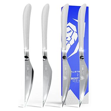 Imagem de Dalstrong Conjunto de facas de bife - 4 peças - lâmina serrilhada de 11,4 cm - série Frost Fire - Faca de cozinha de aço de alto cromo - Jateamento de areia fosco - Cabo de favo de mel branco -