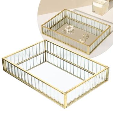 Imagem de Bandeja Organizadora Retangular De Vidro Para Escritório Banheiro Joias Luxo Decorativa Espelhada Dourada Para Aparador Maquiagem Perfumes Colocar Perfume 20x15cm