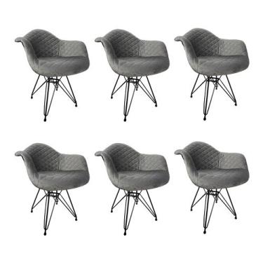 Imagem de Kit 6 Poltronas Jantar Eames Eiffel Estofadas Cinza Base Ferro Preto -