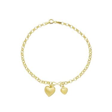 Imagem de Pulseira Feminina Ouro 18k Elo Português Pingente 2 Corações - DR Joia