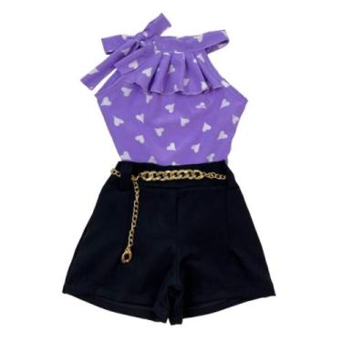 Imagem de Conjunto Infantil Meninas Blusa Babado E Short Alfaitaria Com Cinto - 