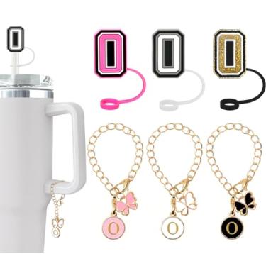 Imagem de (3 +3) Capa de canudo Nuozme compatível com copo Stanley Tumbler 3 peças de tampas de palha com 3 pingentes de borboleta inicial Nome ID para Stanley Copo de 30 e 1,134 g (capa de canudo de 3 letras 3
