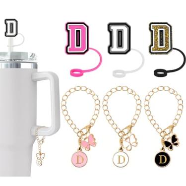 Imagem de (3 +3) Capa de canudo Nuozme compatível com copo Stanley Tumbler 3 peças de tampas de palha com 3 pingentes de borboleta inicial Nome ID para Stanley Copo de 30 e 1,134 g (capa de canudo de 3 letras 3