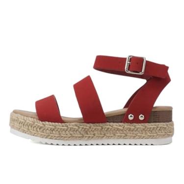 Imagem de Soda BRYCE-2 Sandálias para crianças/meninas, bico aberto, duas bandas, alpargata, plataforma de juta, plataforma, casual, moderna, com fivela e tira no tornozelo, Batom vermelho nobuck, 16