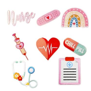 Imagem de Remendos de ferro para enfermeiras, 8 peças de adesivos decorativos bordados para enfermagem graduada, costurar em adesivos fofos para uniforme de enfermeira, mochila, vestido branco, roupas de