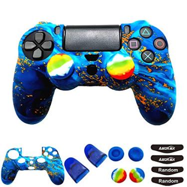 Imagem de Capa de silicone para controle Ps4 (1 capa antiderrapante, 1 par extensor de gatilho L2 R2, 4 peças de apoio para polegar, 4 peças de protetor de barra de luz de LED para controle DualShock PS4/Slim/Pro, sky blue&yellow